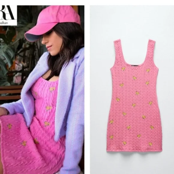 ZARA Floral Embroidery Cable Knit Mini Tank Dress - Picture 3 of 9
